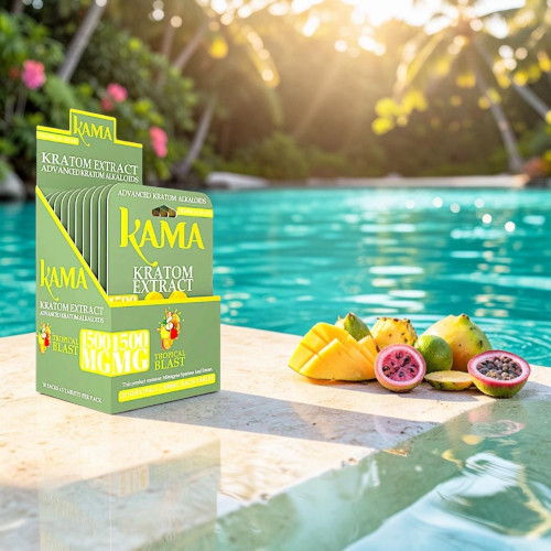 Box of Kama drinks beside fresh fruits by a pool.