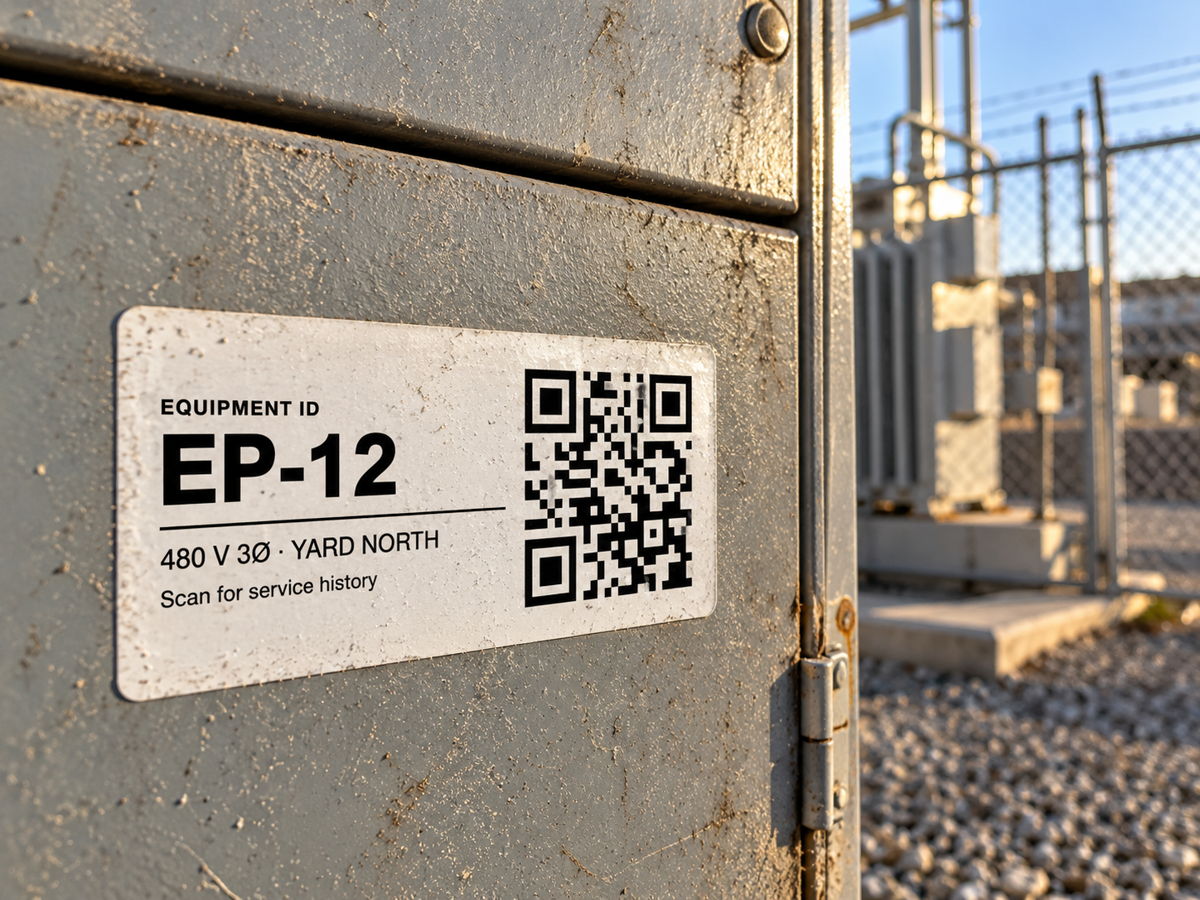 A weathered but intact label on an outdoor electrical cabinet.
