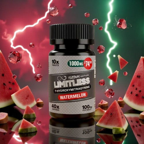 Bottle of watermelon-flavored supplement with watermelon slices and lightning background.