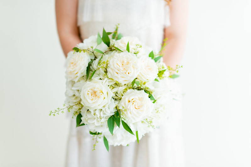 White Hydrangea and White garden rose bridal bouquet round
