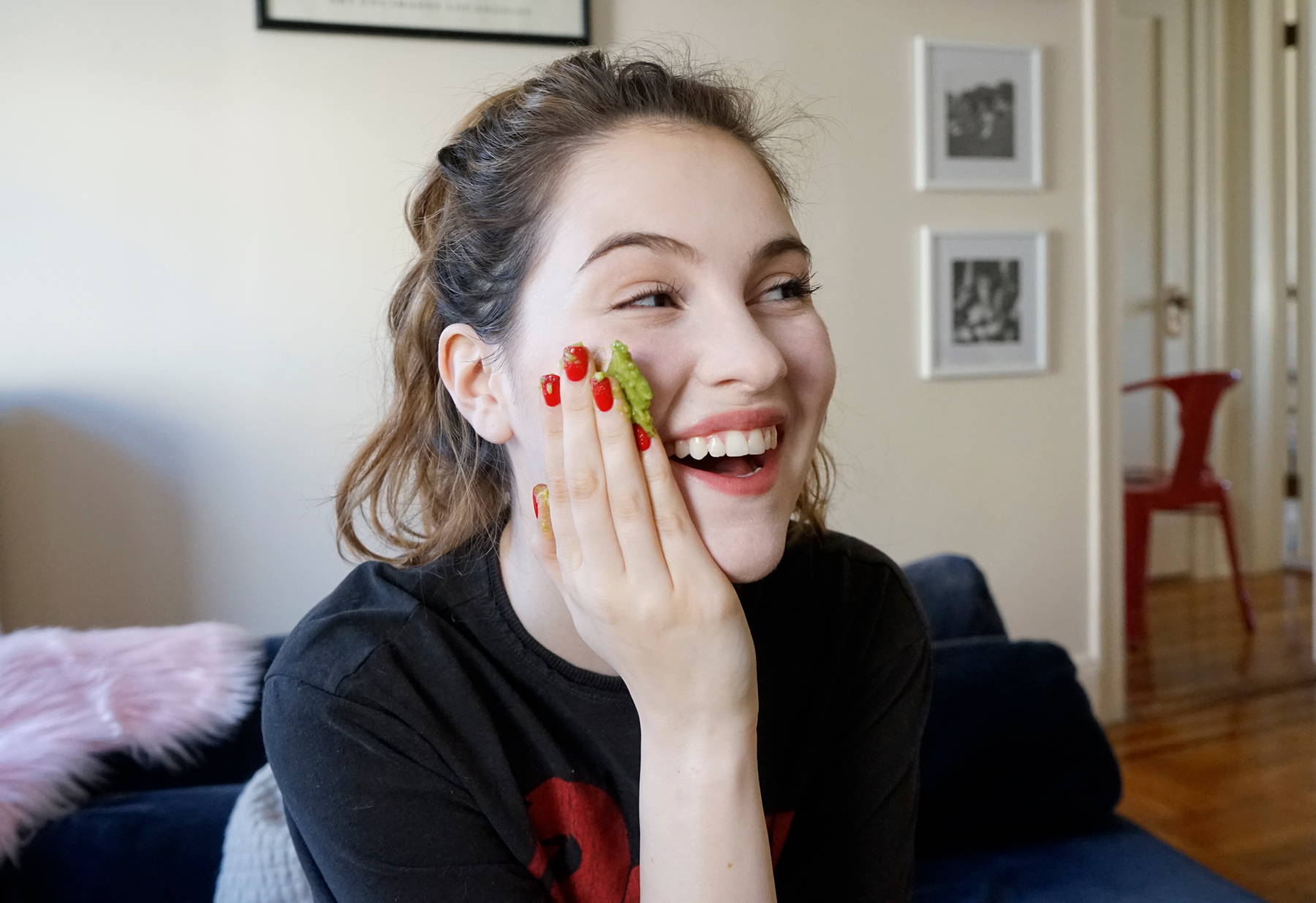 Julianne puts an avocado face mask for Unicorn Snot Galentine's Day. 