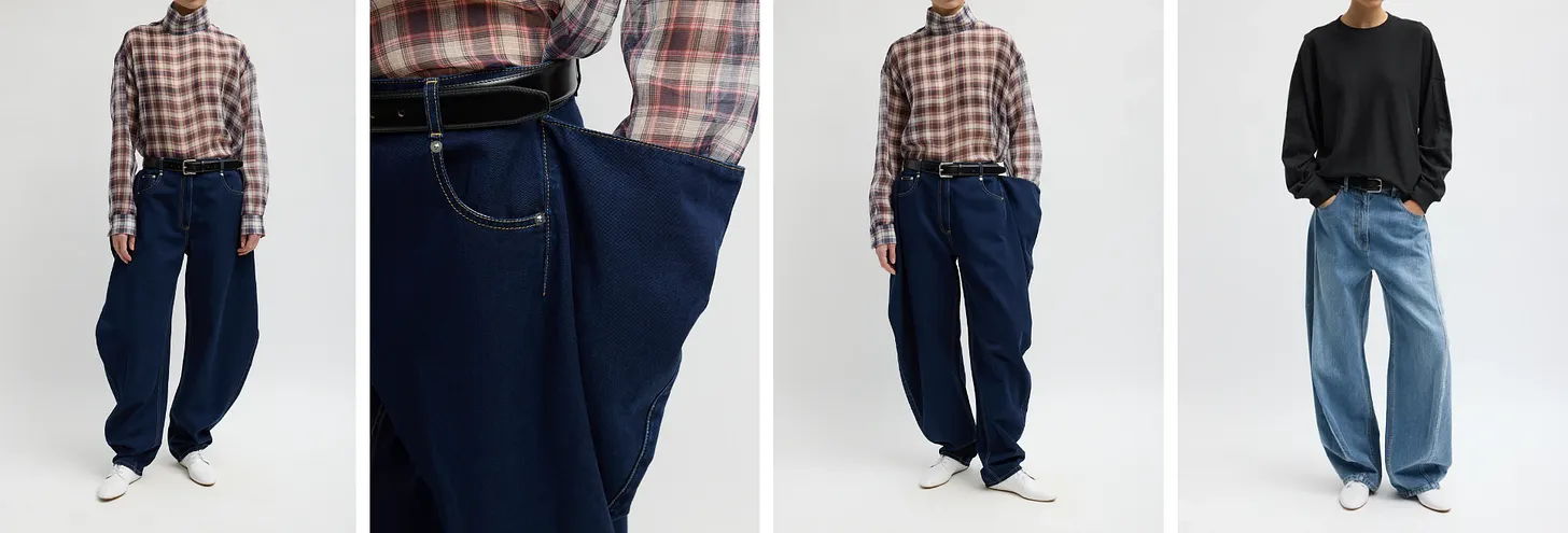 Four images of different outfits featuring baggy pants and various tops.