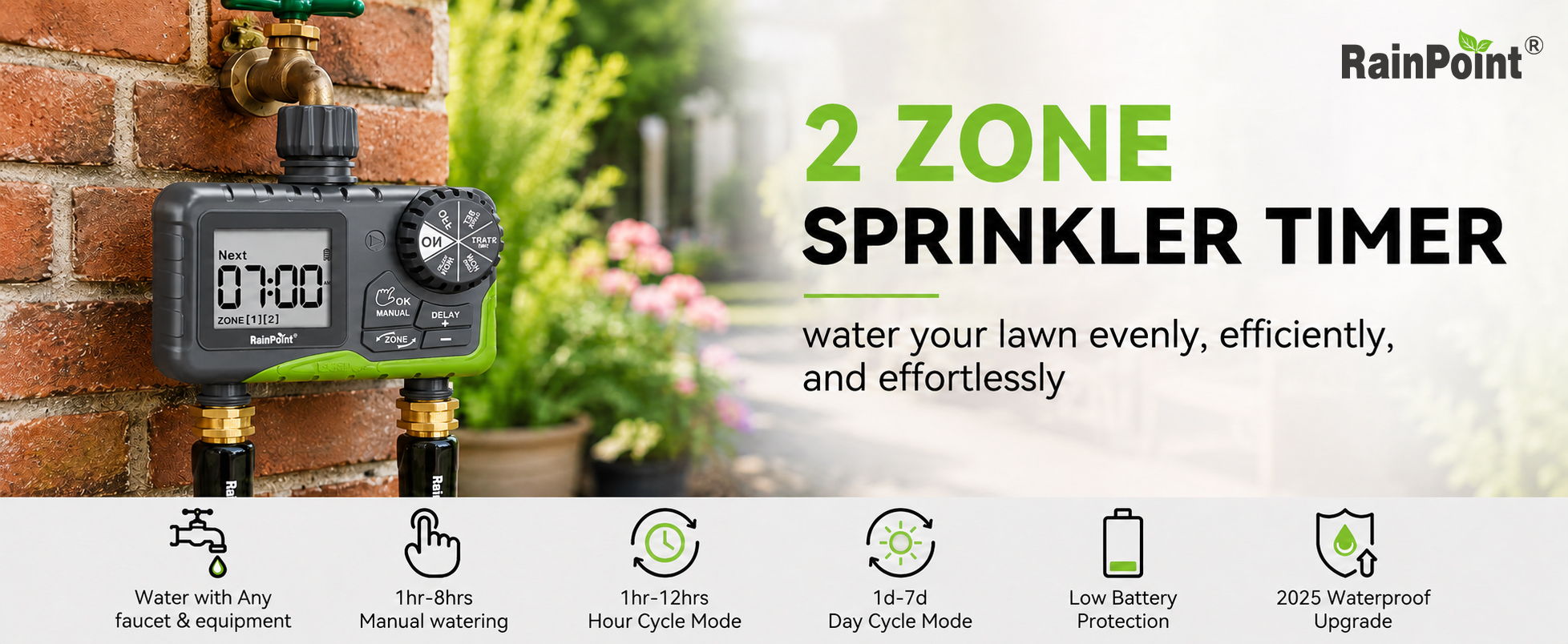 2 zone sprinkler timer for efficient lawn watering.