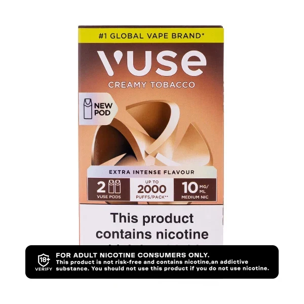 Vuse Creamy Tobacco vape pods packaging with nicotine warning.