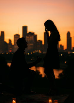 Silhouette of a romantic marriage proposal at sunset with a glowing city skyline in the background.