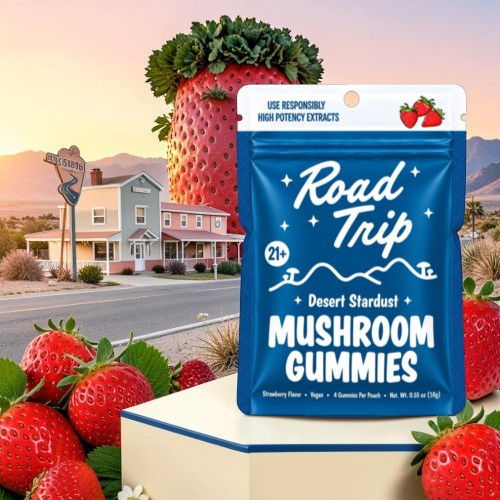 Packaging for Road Trip Desert Stardust Mushroom Gummies with strawberries and a roadside background.