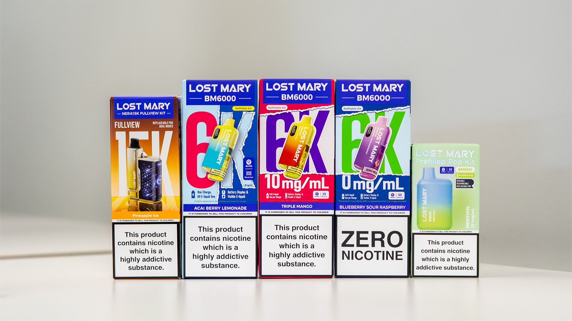 A picture of the full range of the Lost Mary prefilled pod kits.