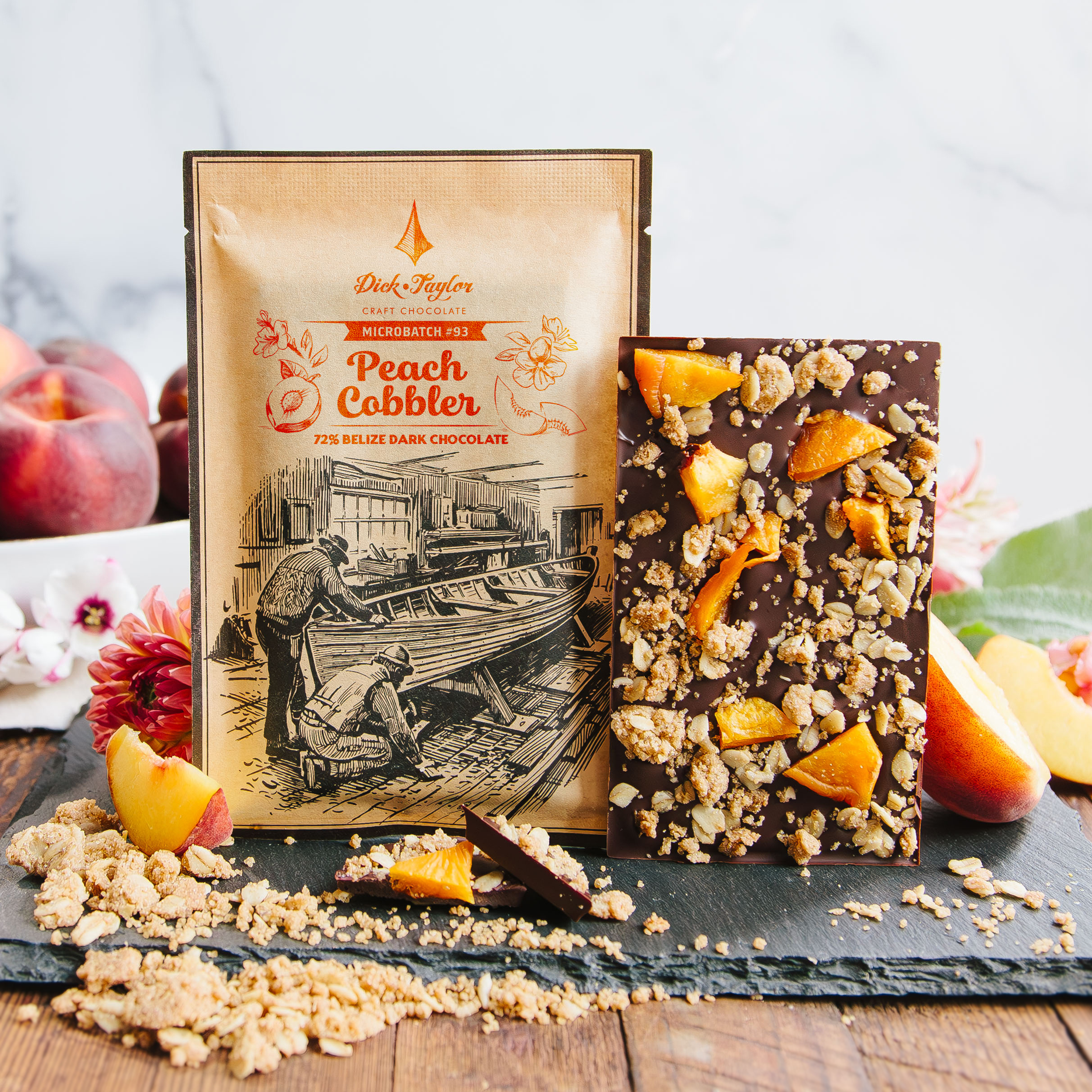 Microbatch Peach Cobbler crumble, dried peaches on belize dark chocolate