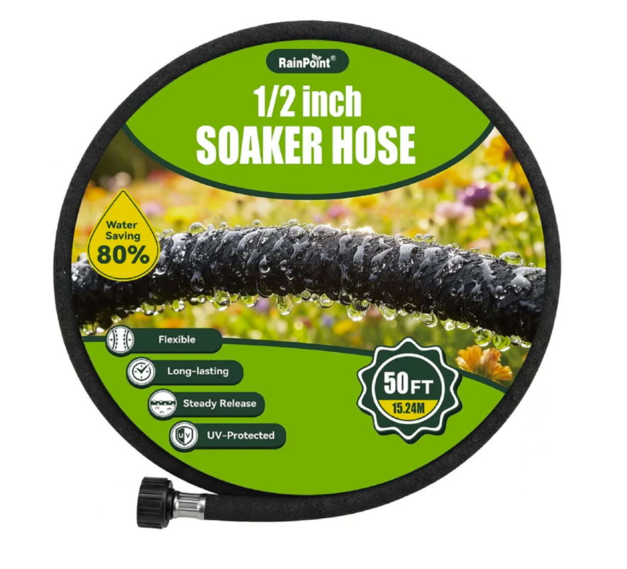 Packaging of a 1/2 inch soaker hose, 50 feet long.