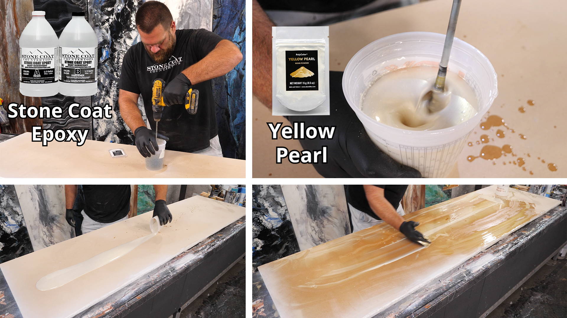 Step 1: Apply Colored Wash Coat - Use 1oz/sqft of Stone Coat Countertops Epoxy mixed with Yellow Pearl Metallic Powder on MDF. 