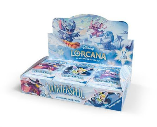 Disney Lorcana: Winterspell Booster Box trading card display box with various character designs.