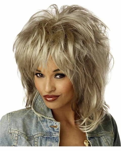 Image of woman wearing 80s Tina Turner style wig.