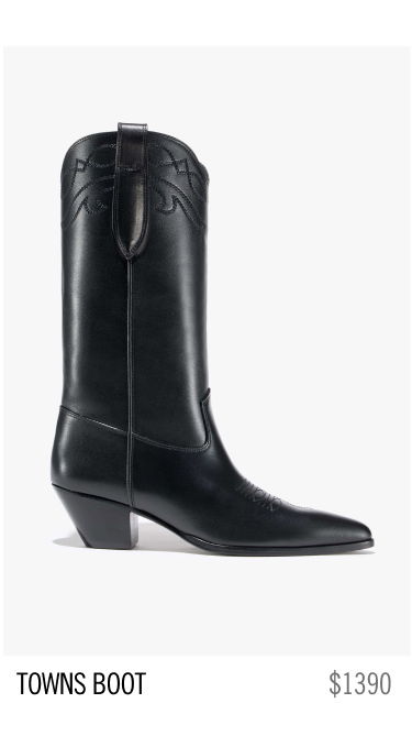 Black cowboy boot with decorative stitching, priced at $1390.