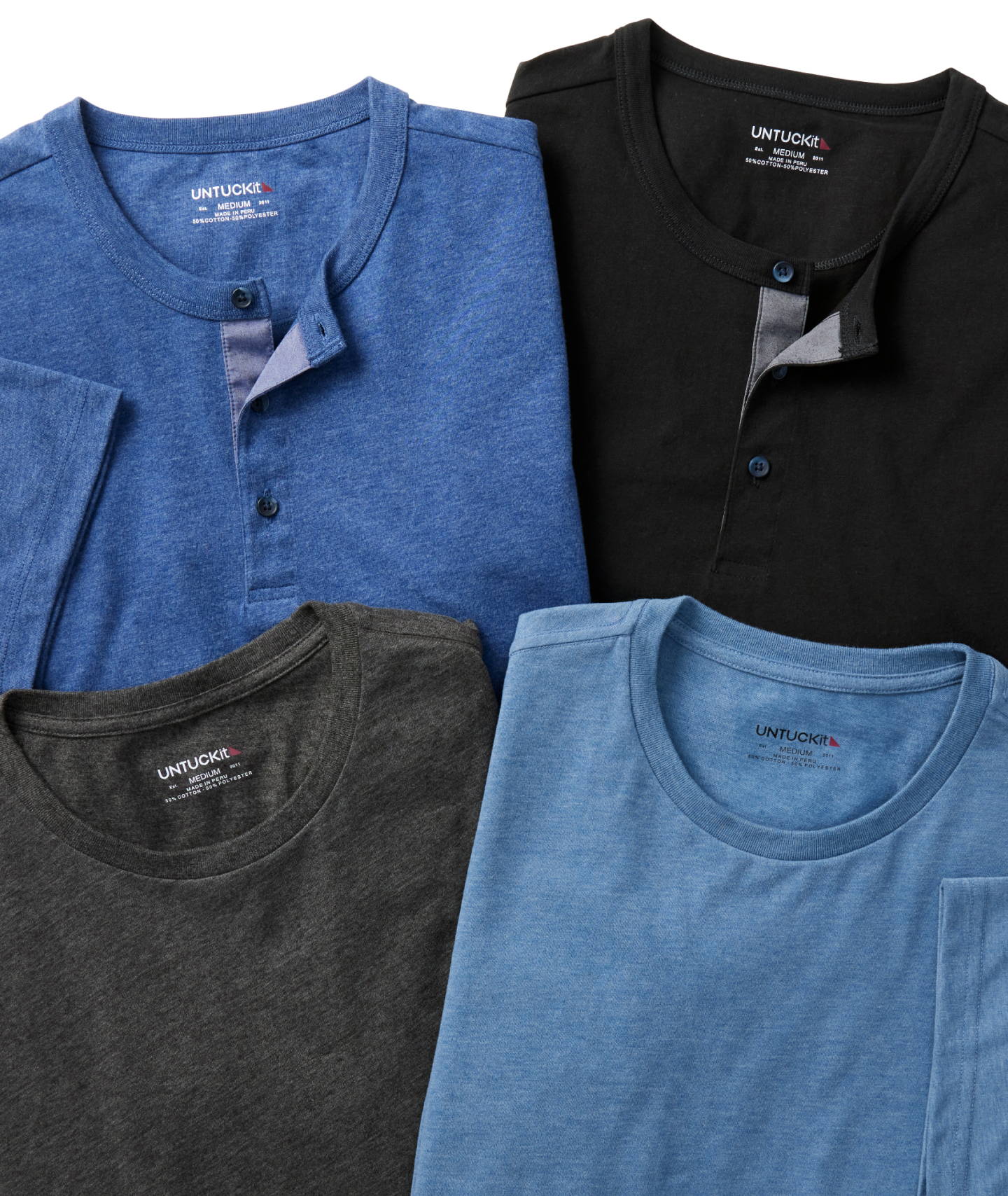Collection of UNTUCKit ecosoft Henleys in various colors. 