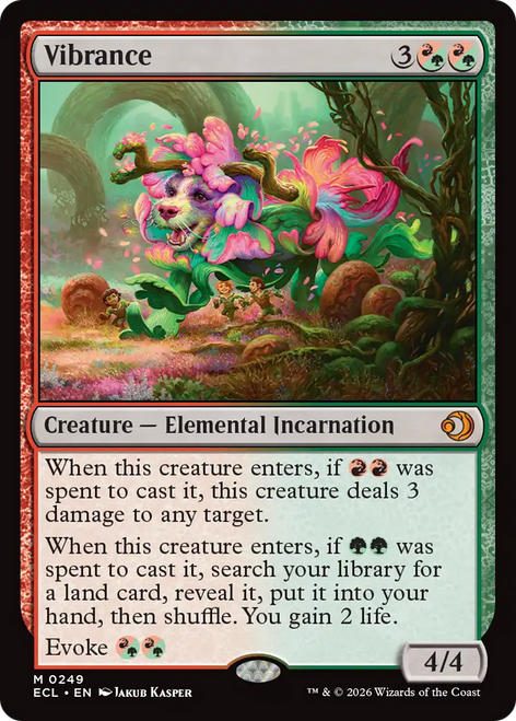Colorful creature card featuring flowers and magical elements with game text.