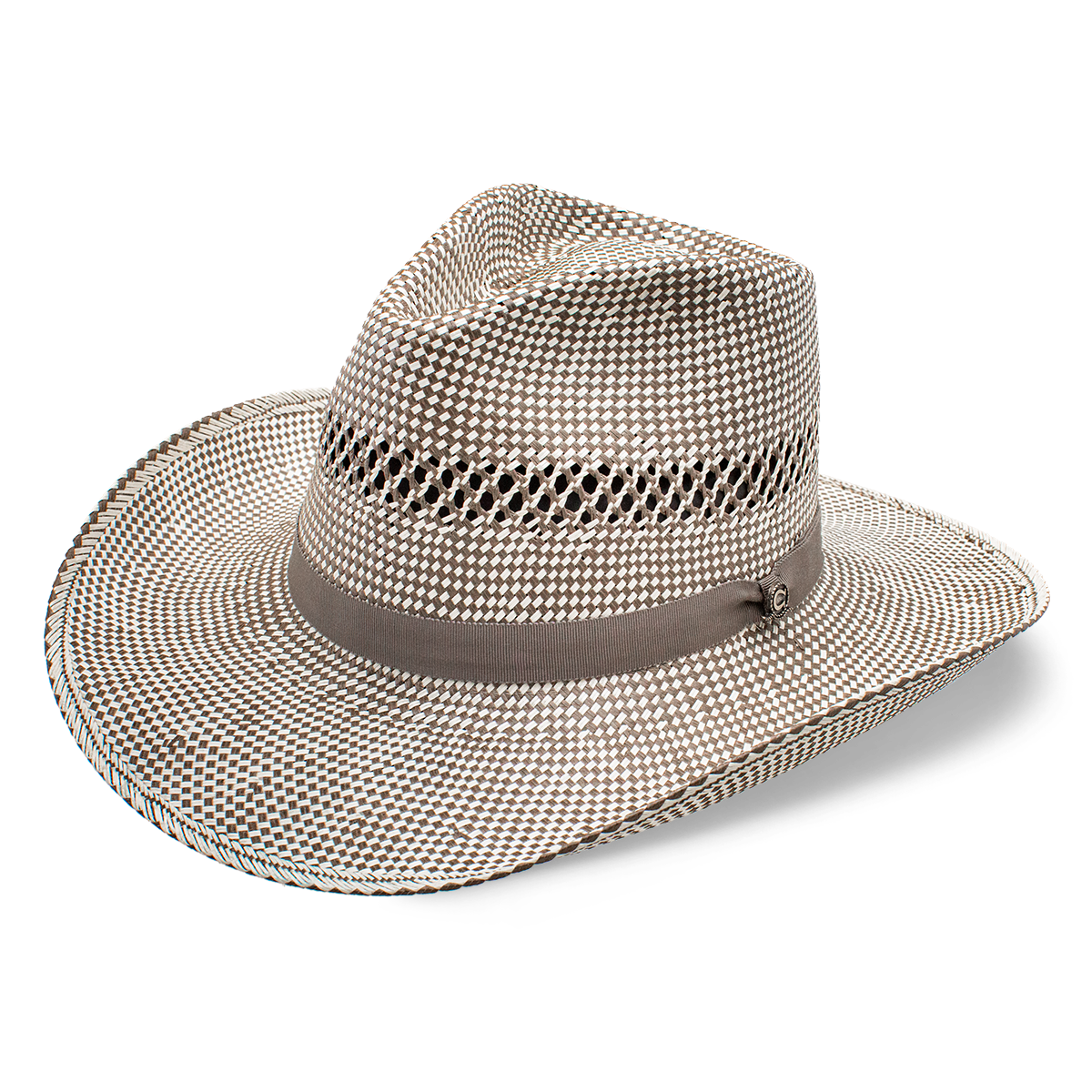 A stylish woven straw hat with a brown band.
