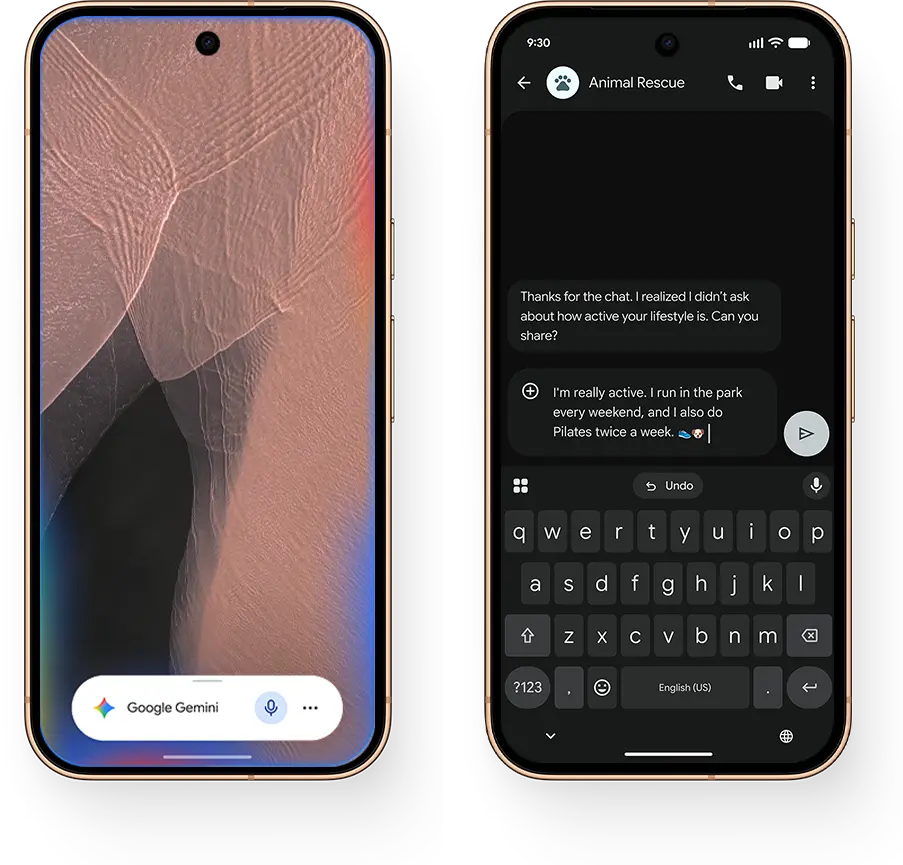 Two smartphones displaying a messaging app and a home screen.