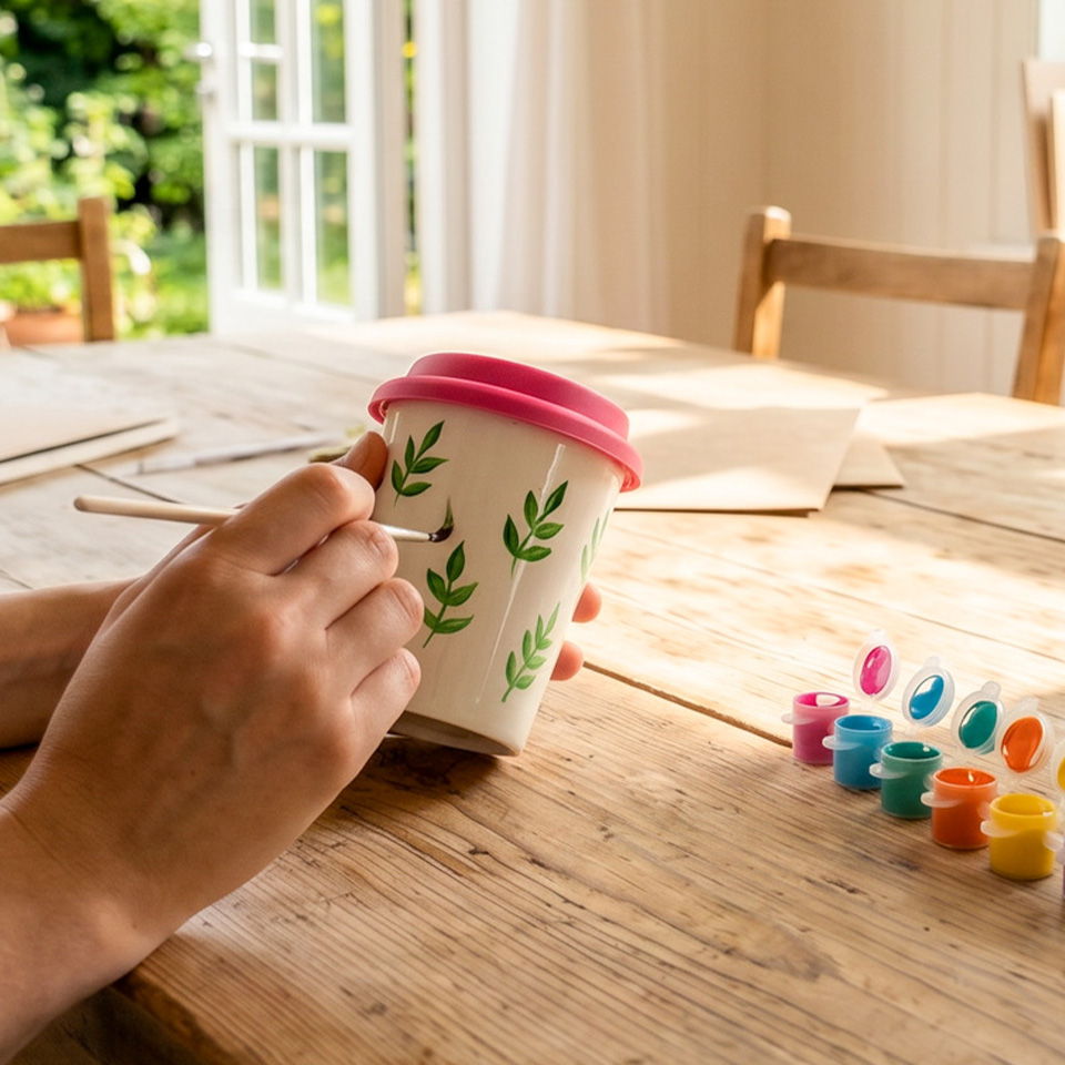 Person painting a cup with colorful paints on a wooden table.