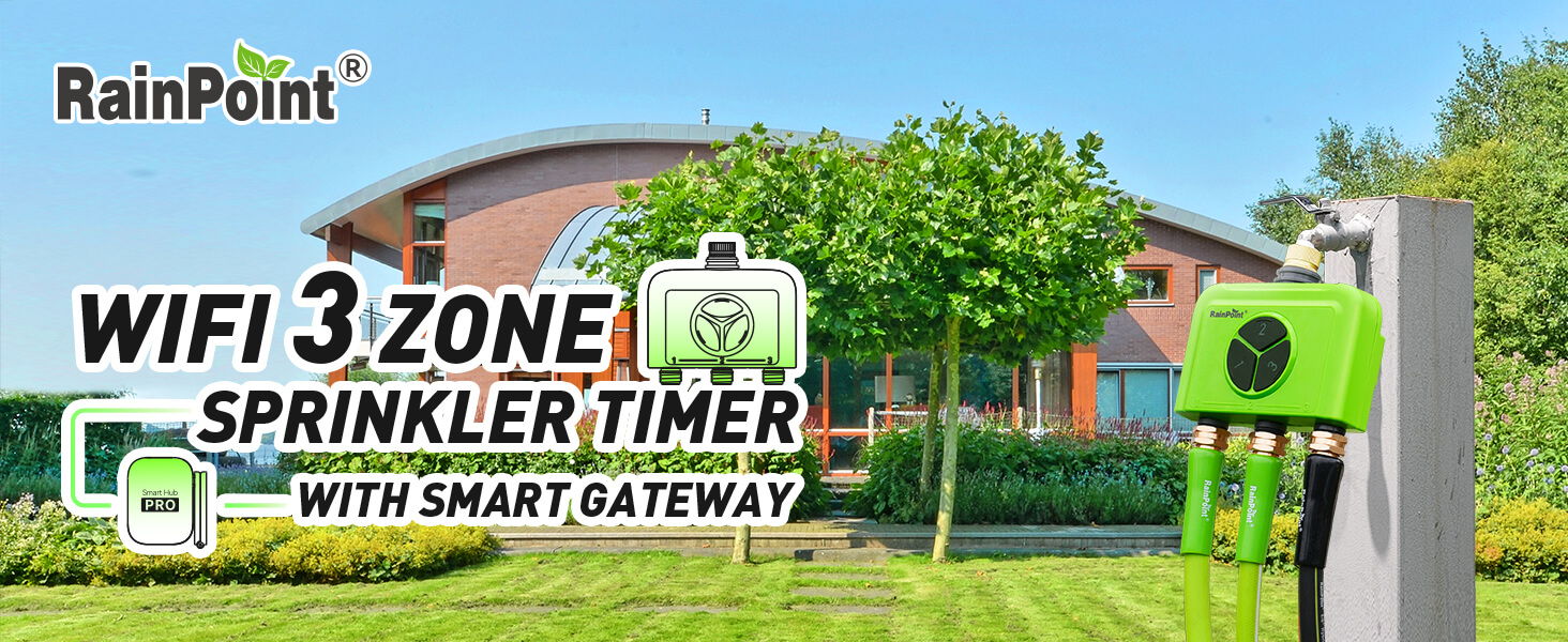 WiFi 3 zone sprinkler timer with smart gateway in a garden setting.