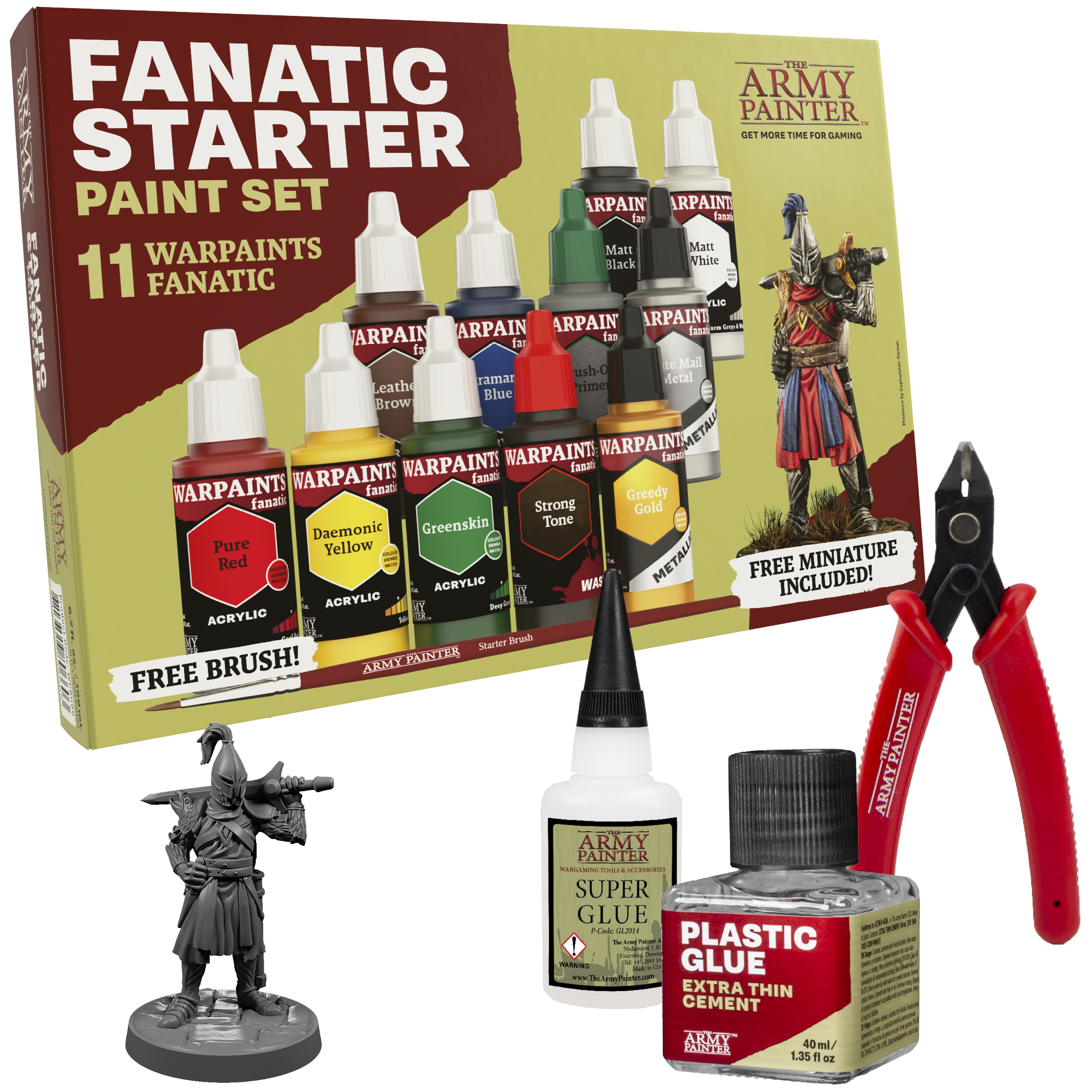 Fanatic Starter Paint Set with 11 warpaints, glue, clippers, and a figurine.