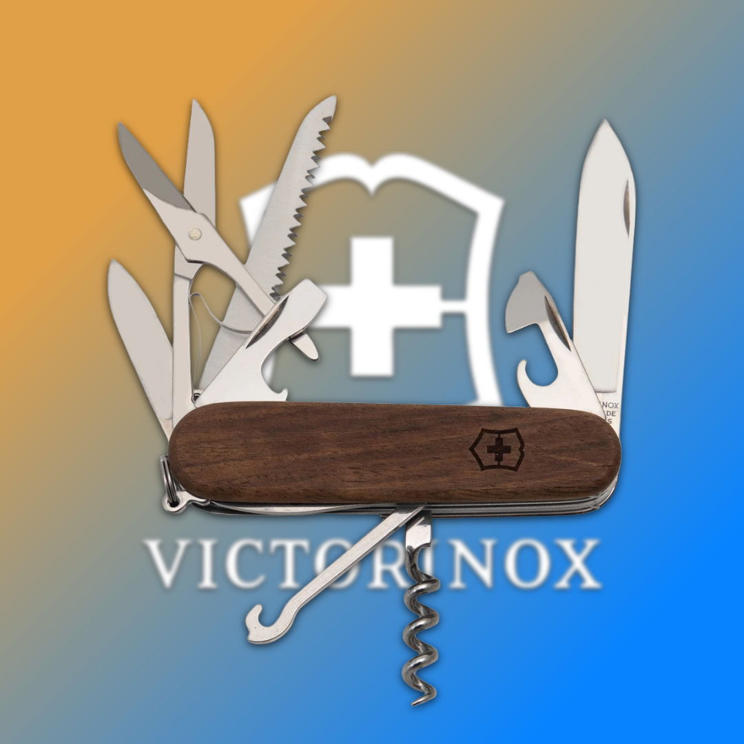 A Swiss Army knife with various tools and the Victorinox logo.
