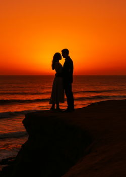 Silhouetted couple kissing on a cliff at sunset with a glowing orange sky and ocean backdrop.