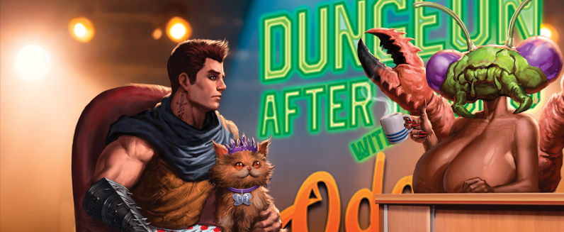 Character interacting with a creature in a colorful fantasy setting.