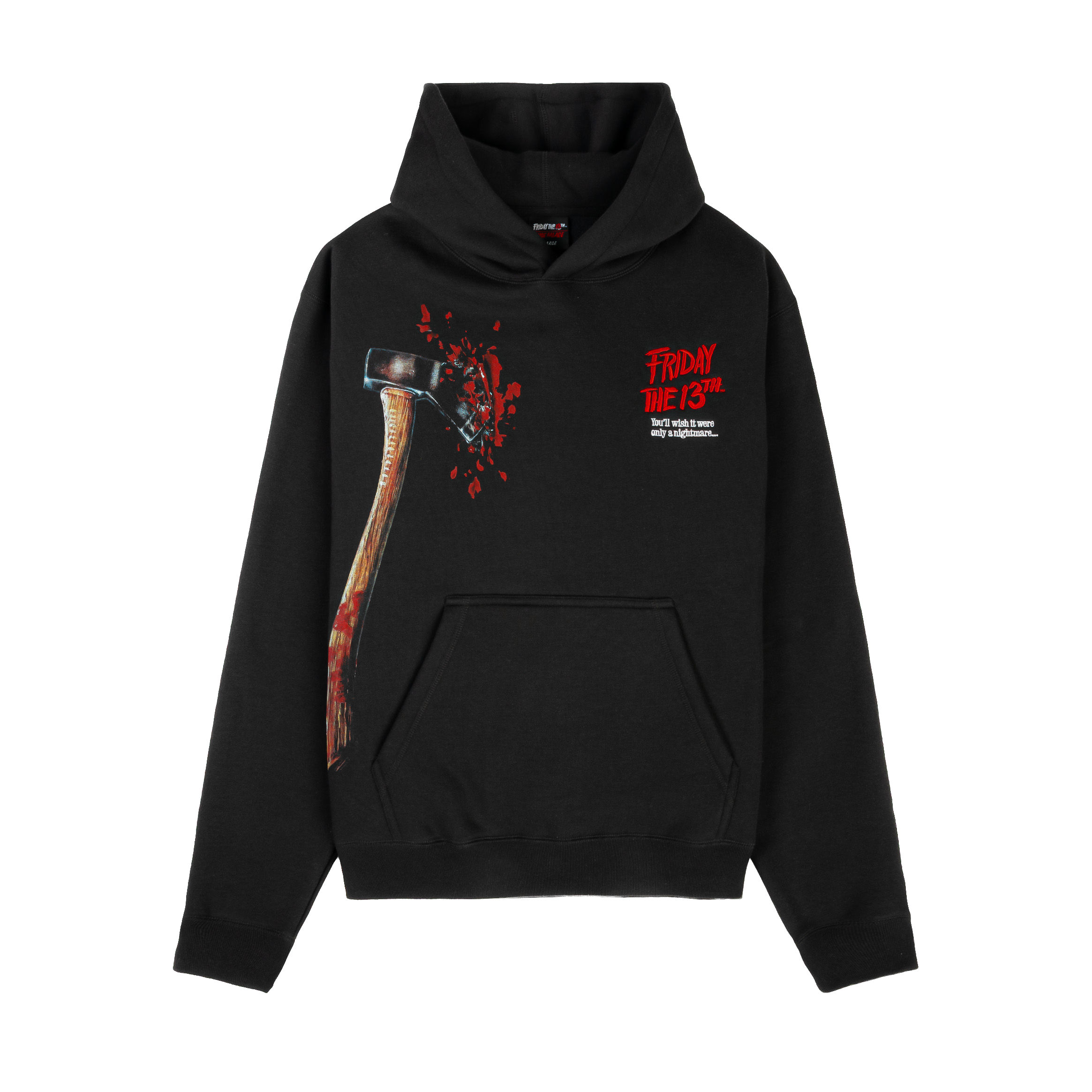 Black hoodie with an axe graphic and red splatter design.