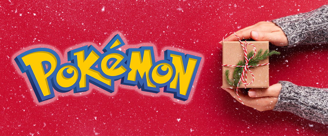 Hands holding a gift next to a Pokémon logo on a red background.