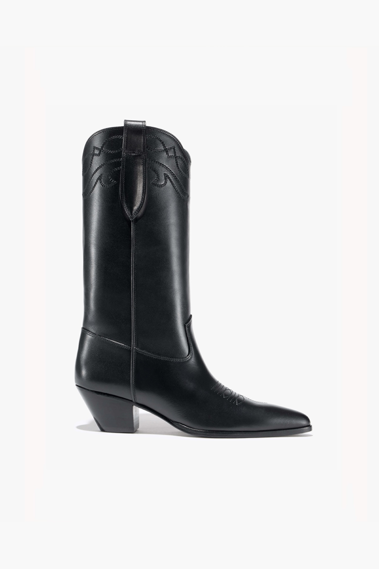 Black leather cowboy boot with pointed toe and decorative stitching.