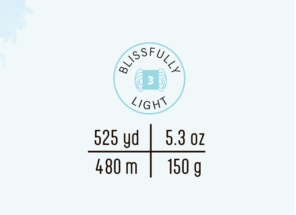 Label for Blissfully Light yarn with yardage and weight details.