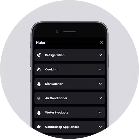 Display of app on a phone showing a list of appliance categories