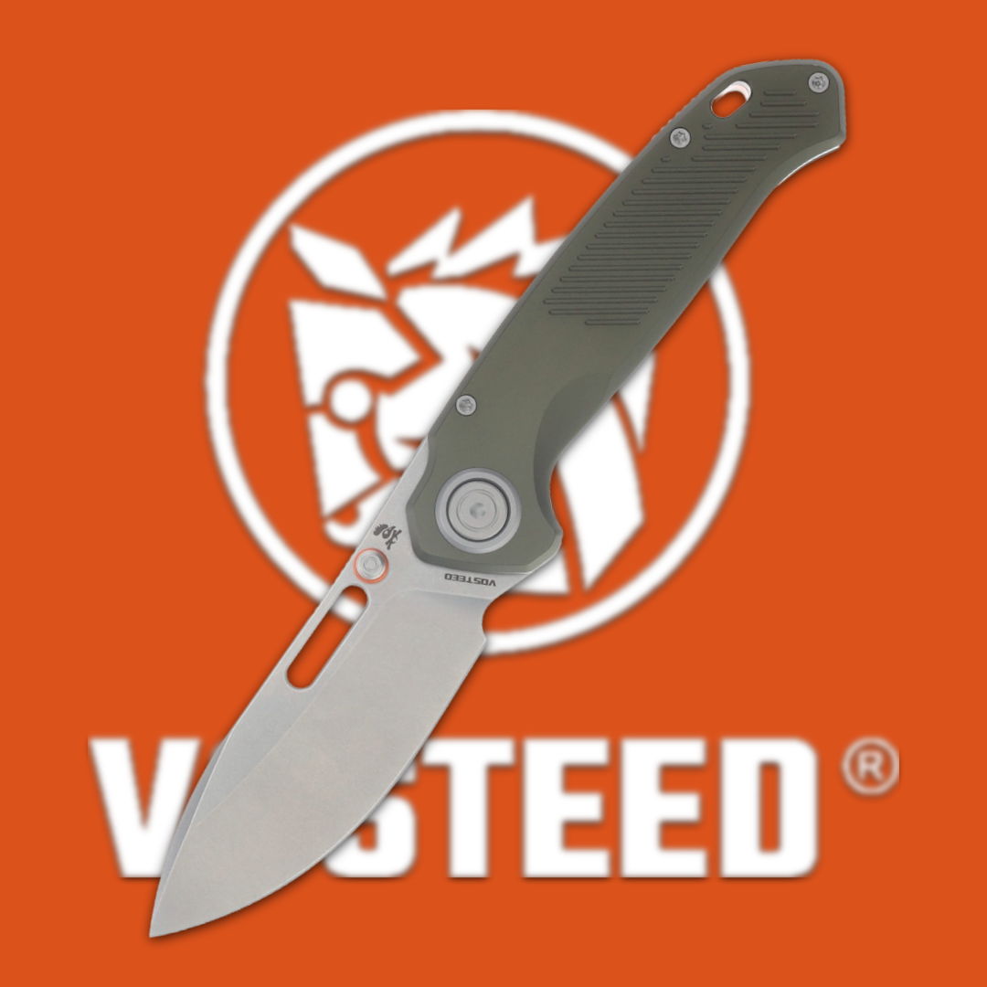 A folding knife with a stainless steel blade against an orange background.