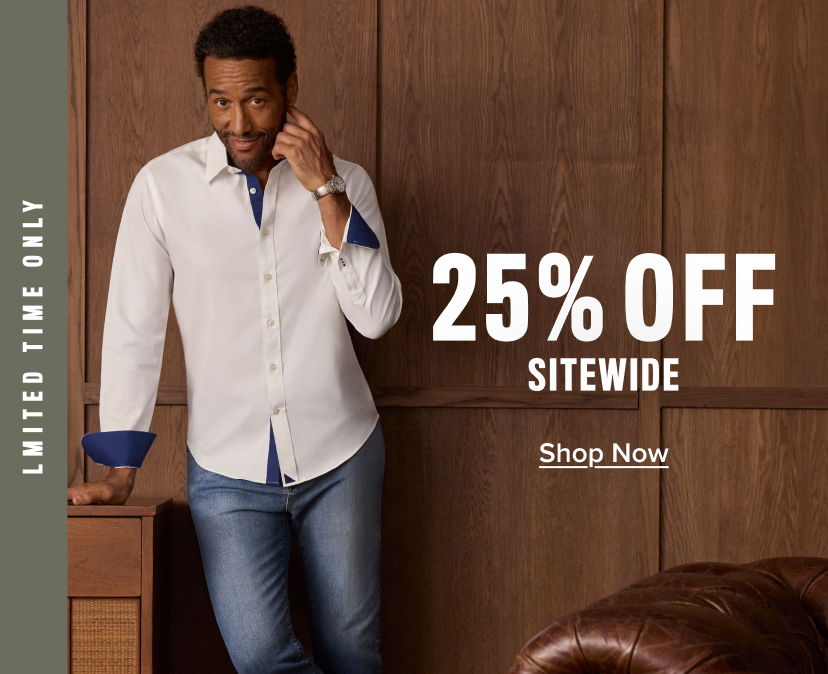 Man in a white shirt promoting 25% off sitewide sale.