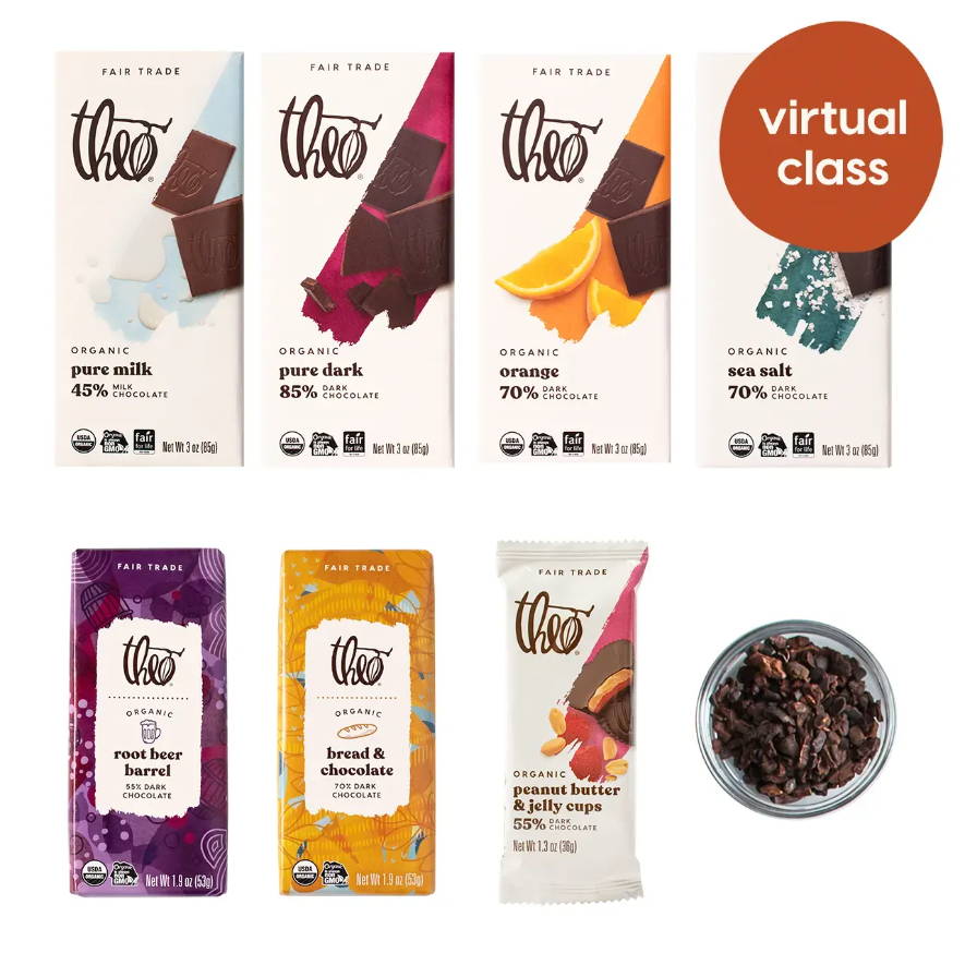 Virtual Class Kit Contents: size chocolate bars, peanut butter & jelly cups, and cocoa nibs.