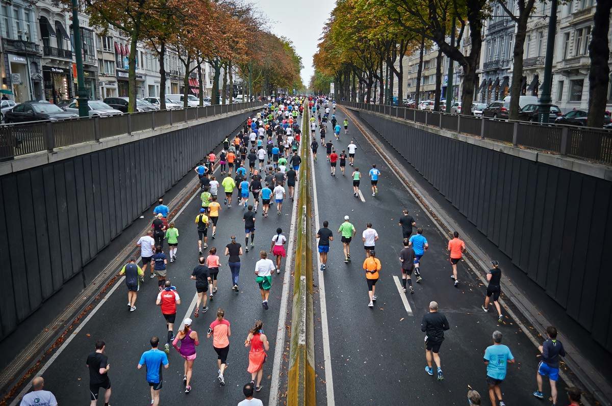 A marathon running through a city