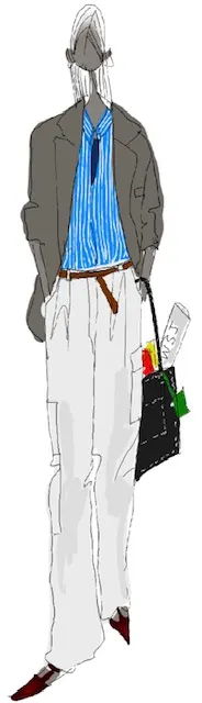 Fashion illustration of a person in a stylish outfit with a bag.