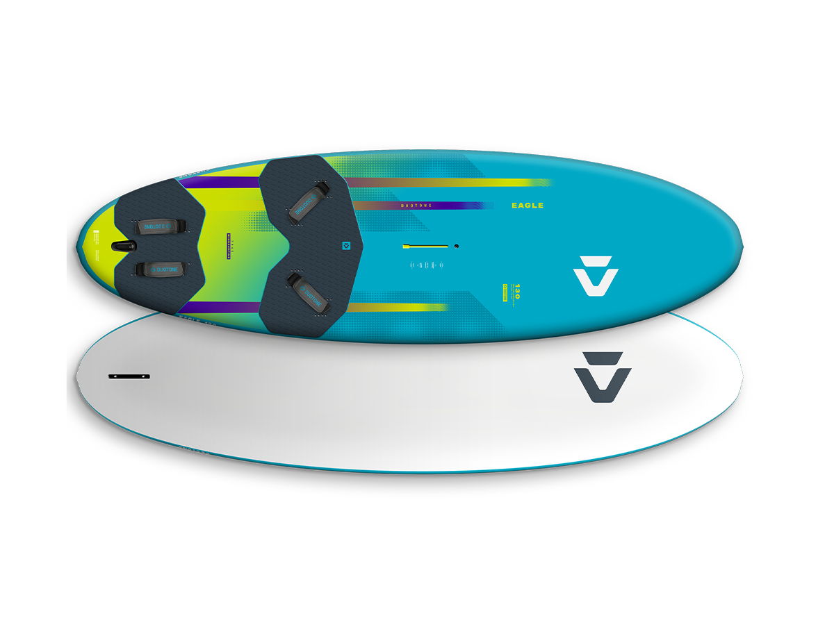Colorful surfboard design with blue and white surfaces.