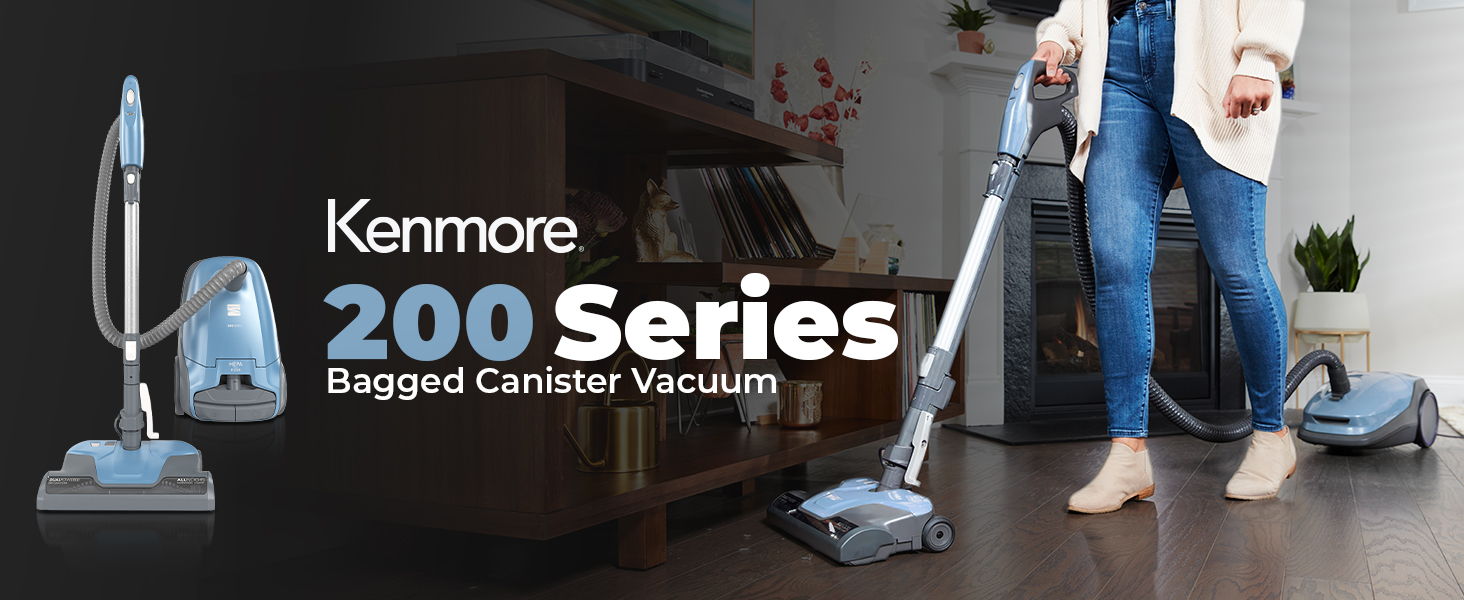 Kenmore 200 Series bagged canister vacuum with person vacuuming a floor.