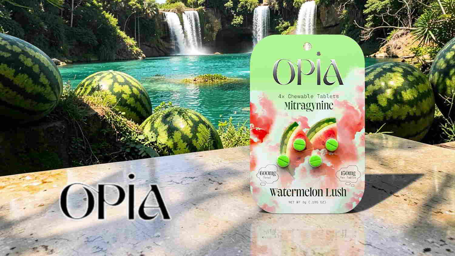 Product packaging for Opia in a tropical setting with watermelons.