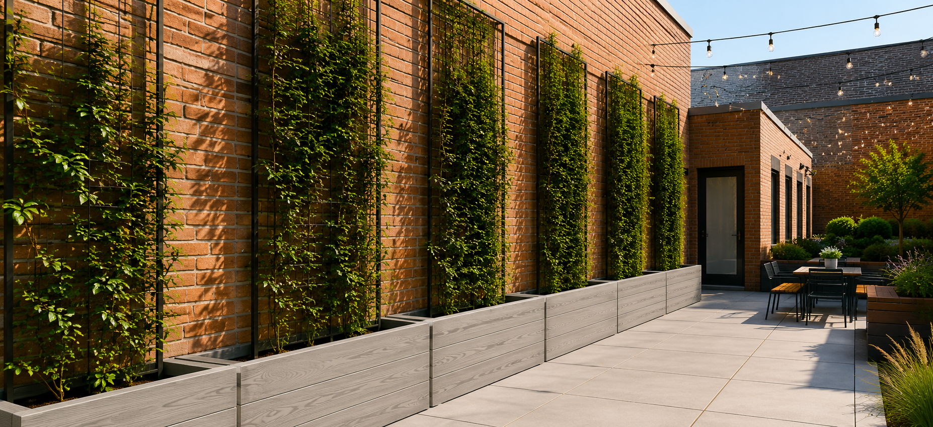 Madera Planters with trellises and growing greenery along a brick wall, and seating area in background