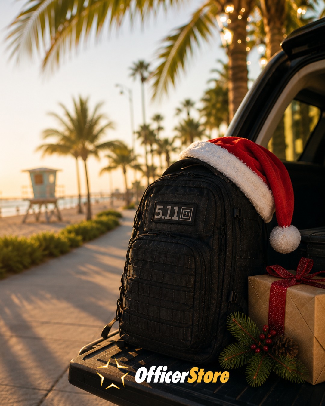Black backpack with Santa hat beside a gift on a beachside car trunk.