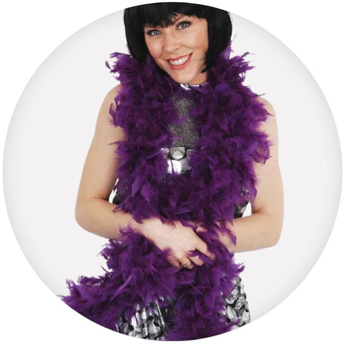 Woman in purple feather boa. Shop all feather boas and scarves.