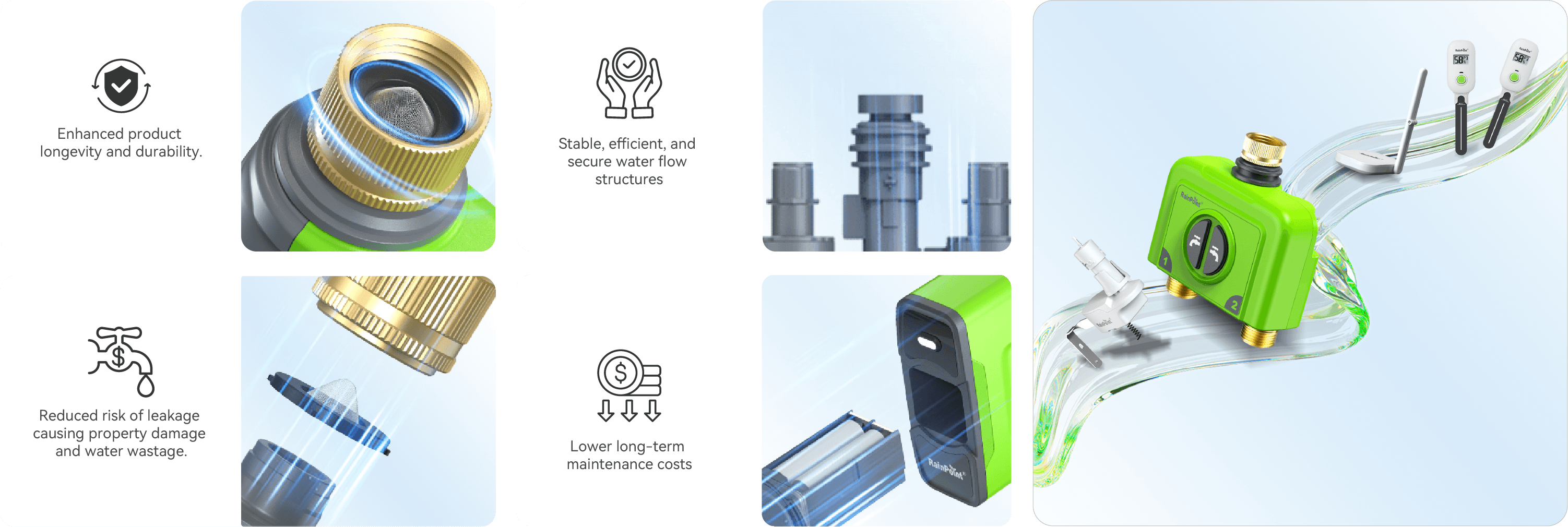Product features and components of a green and blue device with accessories.