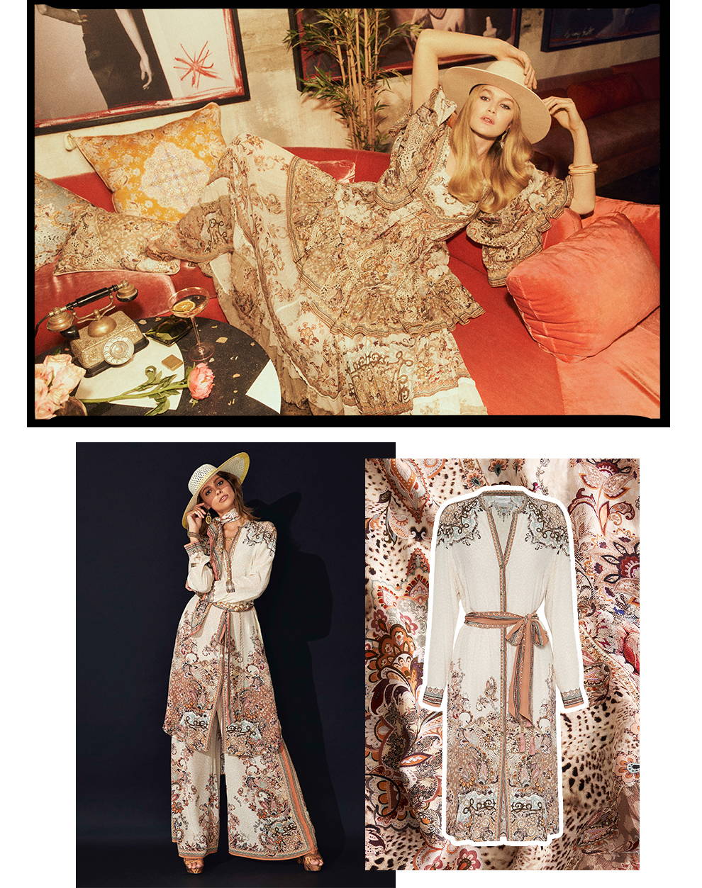 CAMILLA Tales of Talitha collection, cream, beige, pink paisley floral mini dress, maxi skirt, cushions, shirt dress, pants.