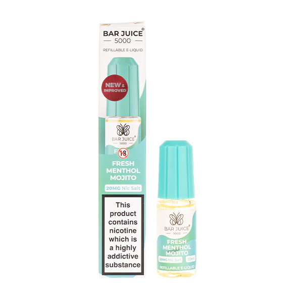 E-liquid bottle packaging for Fresh Menthol Mojito flavor with warning label.