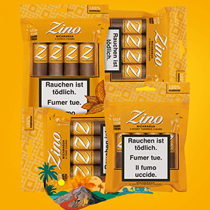 Vier Freshpacks mit Zino Nicaragua-Zigarren, die quadratisch angeordnet sind. 