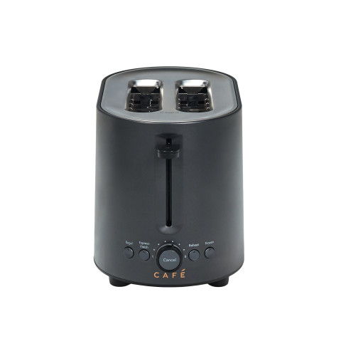 Black two-slice toaster with a control dial on the front.