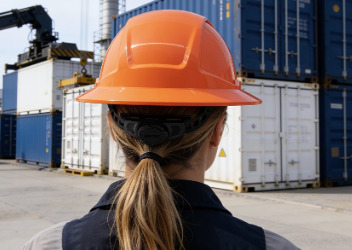 Woman in an orange Global Glove Radius hard hat facing shipping containers at a dock.