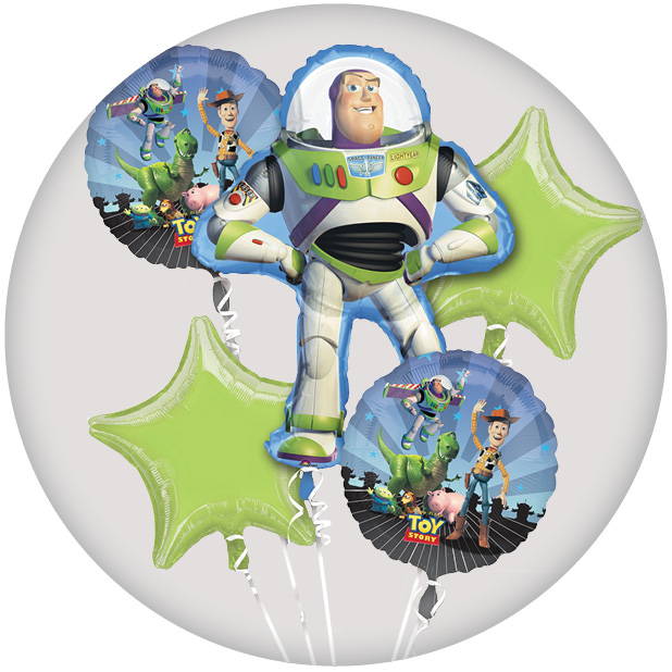 Image of a bouquet of toy story balloons with a Buzz Lightyear supershape. Shop birthday party supply balloons.